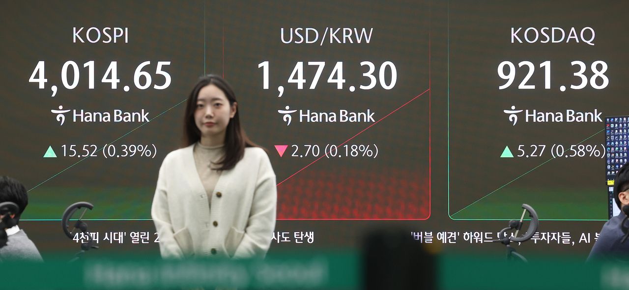 An electronic board showing the Korea Composite Stock Price Index at a dealing room of the Hana Bank headquarters in Seoul on Wednesday. (Yonhap)