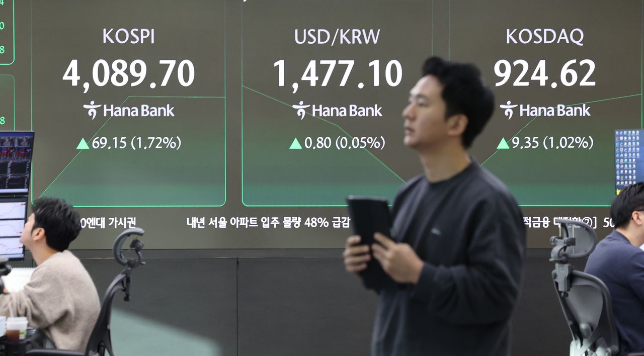 An electronic board showing the Korea Composite Stock Price Index at a dealing room of the Hana Bank headquarters in Seoul on Monday. (Yonhap)