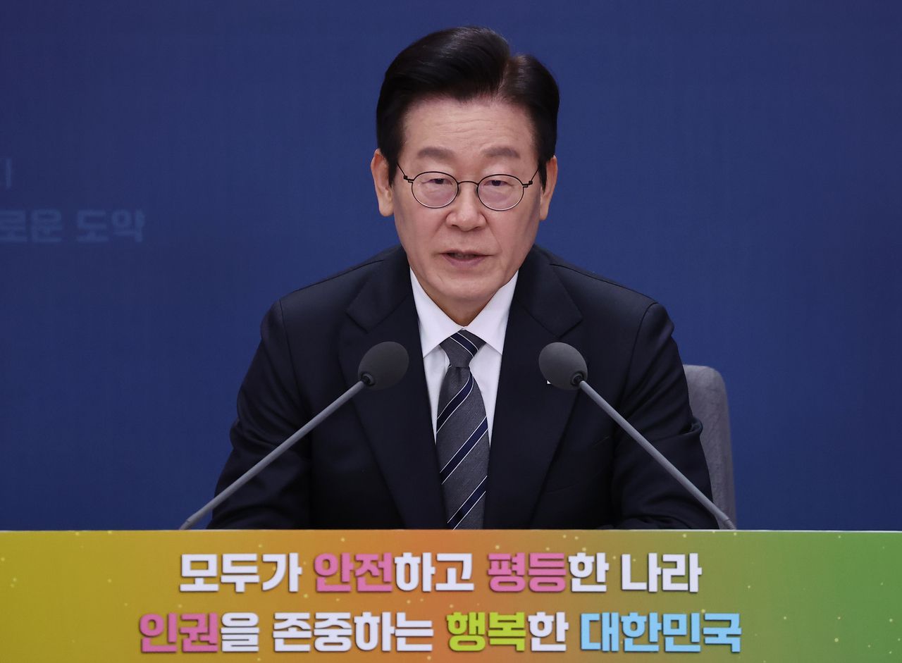 President Lee Jae Myung speaks during a policy briefing by the Ministry of Justice at the government complex in Seoul on Friday. (Yonhap)