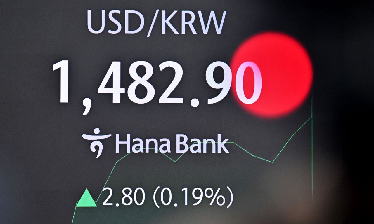 A screen at Hana Bank's dealing room in central Seoul shows the won quoted at 1,482.9 per dollar during intraday trading, Wednesday. (Im Se-jun/The Korea Herald)