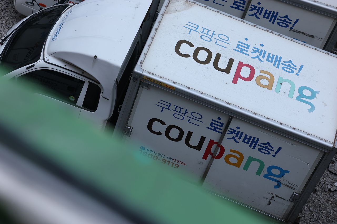 A Coupang delivery truck is parked at a logistics center in Seoul on Thursday. (Yonhap)