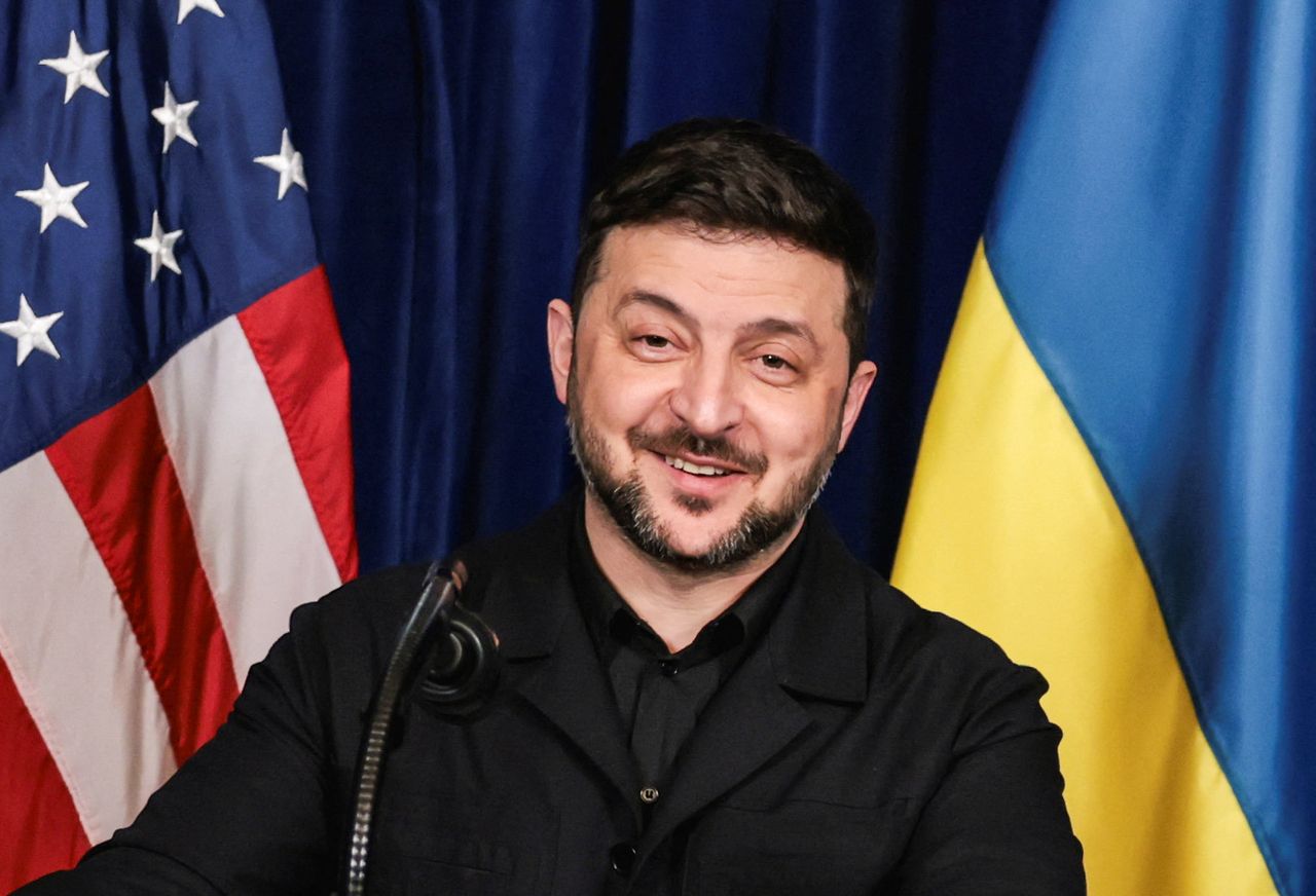 Ukrainian President Volodymyr Zelenskyy during a press conference in Florida, Sunday. (Reuters-Yonhap)