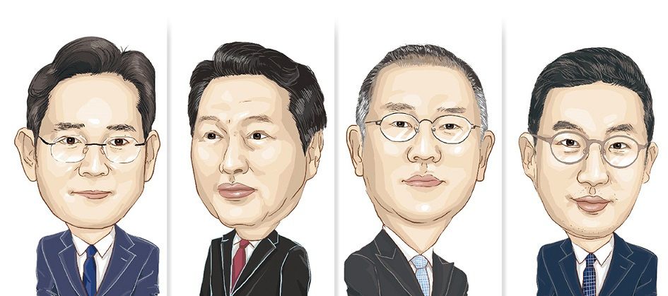 Top four chaebol leaders, from left: Samsung Electronics Chairman Lee Jae-yong, SK Group Chairman and KCCI Chief Chey Tae-won, Hyundai Motor Group Executive Chair Chung Euisun, and LG Group Chairman Koo Kwang-mo (The Korea Herald)