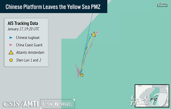 The movement path of the maritime management platform Atlantic Amsterdam deployed by China in the West Sea (Yellow Sea) Provisional Measures Zone (PMZ). As of 4:20 a.m. on Wednesday, the structure approached within approximately 8 nautical miles (15 km) of the PMZ boundary line, after which its Automatic Identification System (AIS) signal was lost, according to the U.S. think tank Center for Strategic and International Studies (CSIS) (CSIS Website) / News1
