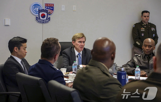 Elbridge Colby, U.S. Deputy Secretary of Defense for Policy, speaks during his visit to Camp Humphreys, a U.S. military base in Pyeongtaek, Gyeonggi Province, on Monday afternoon (Capture from U.S. Forces Korea Commander General Xavier Brunson\'s X) 2026.1.26 / News1