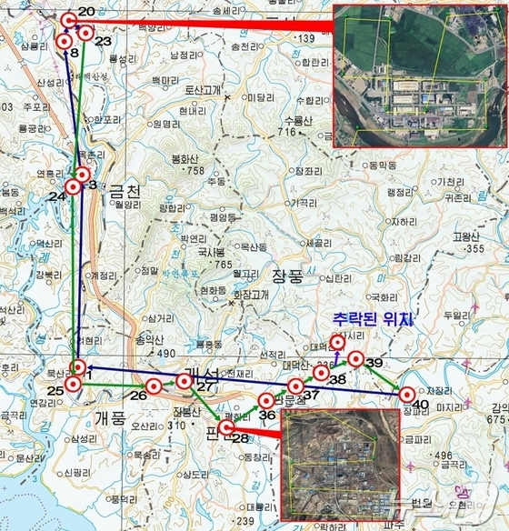  The Rodong Sinmun, the official newspaper of North Korea\'s Workers\' Party, published a statement by the spokesperson of the Korean People\'s Army General Staff on January 10. It reported that an enemy unmanned aerial vehicle (UAV) that took off from the area around Jeokseong-myeon, Paju-si, Gyeonggi-do, South Korea, at around 11:15 a.m. on September 27 last year, intruded into the airspace over the area around Pyeongsan-gun, North Hwanghae Province. While returning via the airspace over Kaesong City, it was shot down by the electronic countermeasures of the special military technical means of the Second Corps at around 2:25 p.m. and crashed into a rice field in the Sasi-ri area of Jangpung County, Kaesong City. The photo shows the flight path of the drone that crashed last September / Rodong Sinmun