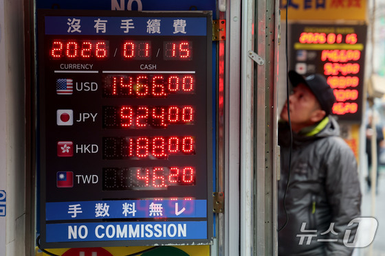On Thursdaymorning, exchange rates are displayed on an electronic board at a currency exchange in Myeong-dong, Jung-gu, Seoul. The KRW-USD exchange rate, which had been hitting new highs daily and approaching the 1,480 KRW level, retreated to around 1,460 KRW following an unusual verbal intervention by U.S. Treasury Secretary Scott Bessent 2026.1.15 / News1