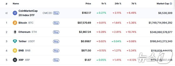 Current major cryptocurrency market conditions / Capture from CoinMarketCap