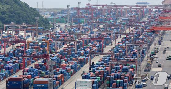  The sight of containers stacked high at the open storage yard of Sinseondae Pier in Busan Port 2025.8.11 / News1