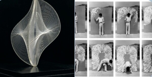 좌측: 나움 가보(Naum Gabo: 1890-1977), [공간 속의 선형 구조 Nr. 2], 1949, 셀룰로이드, 투명재료, 42.8 x 42.2 x 42.2cm, 런던 Wadington Galleries.소장.우측: 이건용(1942), [신체 드로잉 76-2], 1976, 8개의 작품으로 구성, 페널에 마커펜, 사진.