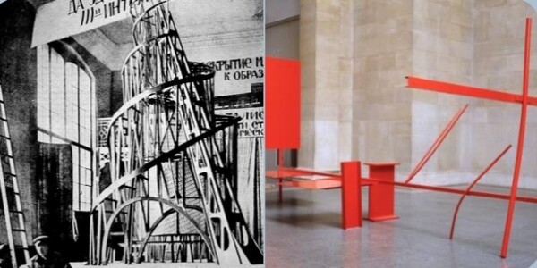 좌측=블라디미르 타틀린(Vladimir Evgrafovich Tatlin: 1885-1953), [제3인터내셔널 기념탑], 1919–20, 러시아 미술대학에서 조교와 타틀린이 모델 옆에서 찍은 사진,1920. 우측=앤서니 카로(Amthony Caro: 1924-2w013), [어느 이른 아침(Early One Morning)], 1962, 289.6 x 619.8 x335.3cm, 강철과 알루미늄, 빨강, 런던 테이트 모던 소장.