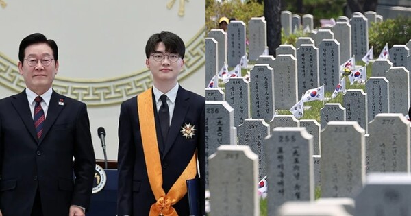 이재명 대통령과 페이커(왼쪽), 현충원 묘지(오른쪽). ⓒ연합뉴스
