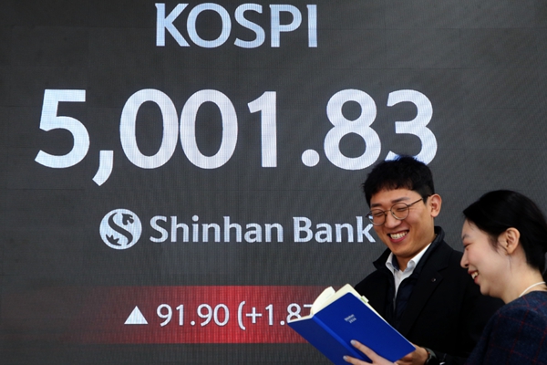코스피 5000포인트를 돌파한 순간 신한은행 본점 현황판의 모습. ⓒ신한은행