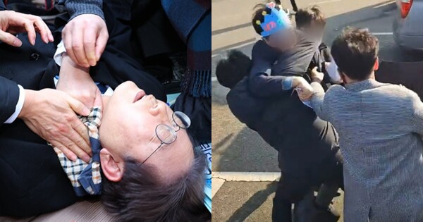피습을 당하고 쓰러진 이재명 당시 더불어민주당 대표(왼쪽), 난동을 부리는 '가덕도 피습 사건' 범인. ⓒ연합뉴스