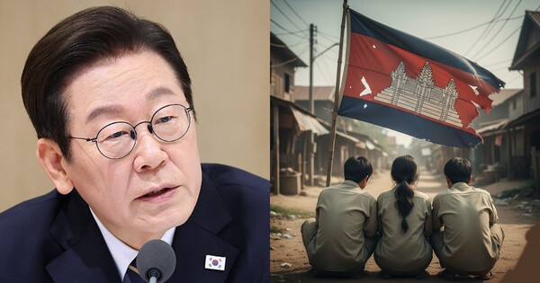 이재명 대통령(왼쪽), AI로 제작한 캄보디아 현지 범죄소굴. ⓒ연합뉴스, 허프포스트코리아