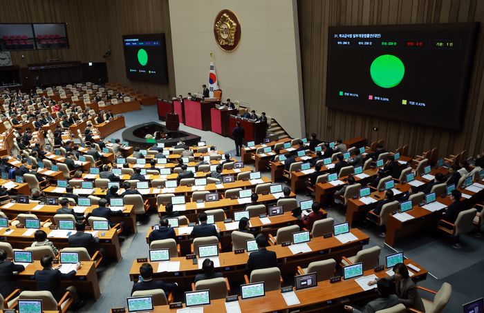 29일 국회에서 열린 본회의에서 학교급식법 일부개정법률안(대안)이 통과되고 있다. ⓒ연합뉴스