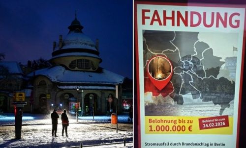 정전으로 어두운 베를린 시내(왼쪽)와 현상금 광고판 ⓒAP·연합뉴스