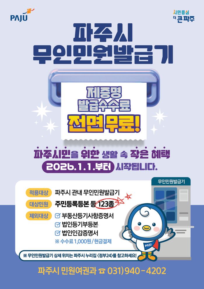 무인민원발급기 제증명 수수료 ‘전면 무료화’ 안내 포스터ⓒ파주시 제공