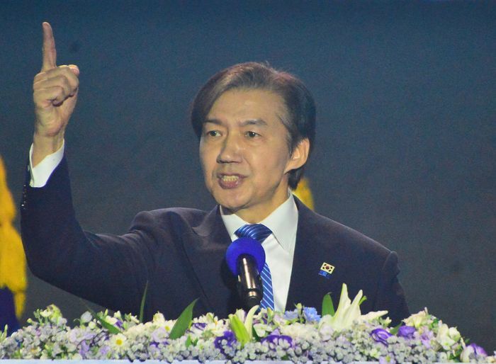 조국 조국혁신당 대표가 지난해 충북 청주 오스코에서 열린 혁신당 전당대회에서 정견을 발표하고 있다. ⓒ뉴시스