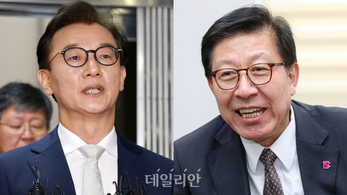 전재수 더불어민주당 의원(왼쪽)과 박형준 부산시장 ⓒ데일리안 홍금표 기자