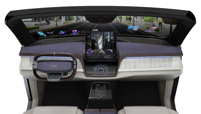 CES 혁신상을 수상한 ‘홀로그래픽 윈드쉴드 디스플레이’가 탑재돼 있는 ‘콕핏 통합설루션 M.VICS 7.0’. ⓒ현대모비스