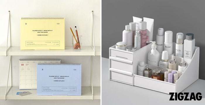 왼쪽부터 ‘아이코닉디자인-2026플로우 다이어리’, ‘엣지영-멀티 화장품 정리함’. ⓒ카카오스타일