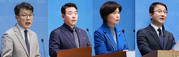 오는 11일 치러지는 4개월 임기의 더불어민주당원내대표보궐선거에 3선 의원 4명이 출마해 4파전 구도가 형성됐다. 사진은 왼쪽부터 출마 기자회견에 나선 진성준·박정·백혜련·한병도 의원. ⓒ연합뉴스