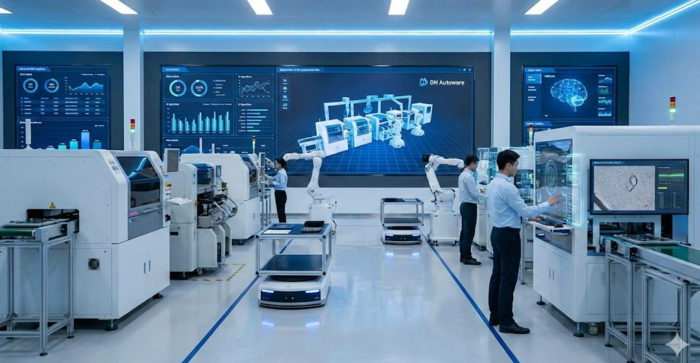 피지컬 AI 기반 스마트팩토리 자율 제조 공정 개념 이미지.