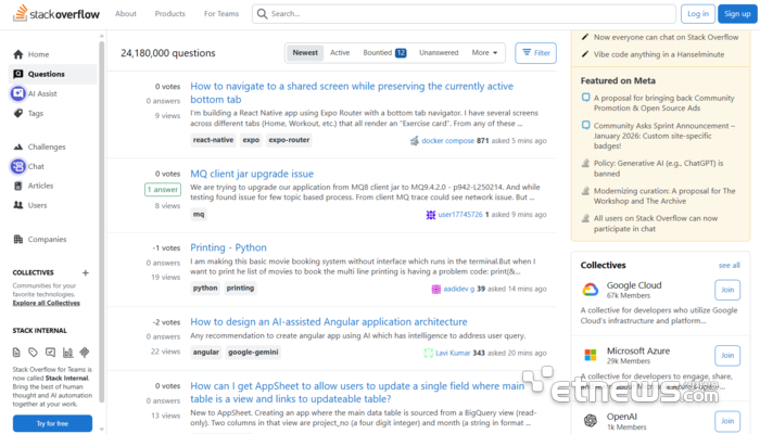 누적 2418만건 이상 게시물이 있는 글로벌 개발자 커뮤니티 '스택오버플로우' 메인화면.