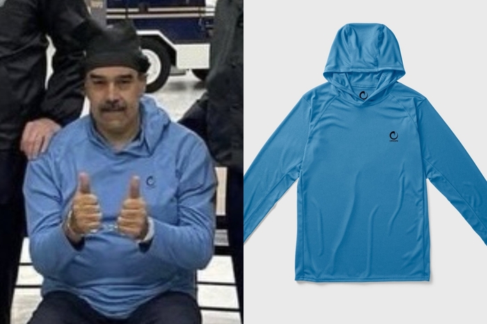 미국 마약단속국 뉴욕지부에서 요원들과 사진을 찍은 니콜라스 마두로 베네수엘라 대통령과 당시 그가 입은 후드. 사진=엑스(@ORIGINBJJ) 캡처