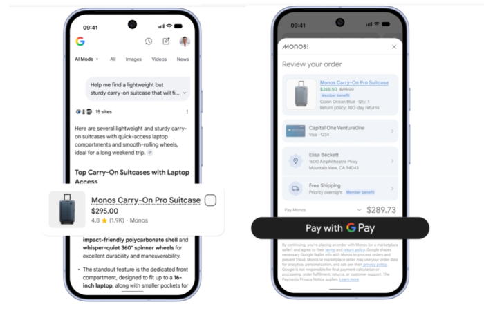 구글의 AI 화면(AI surfaces)에서 제휴 업체 상품을 검색·추천부터 결제까지 바로 구매할 수 있는 기능 예시. (출처:구글블로그)