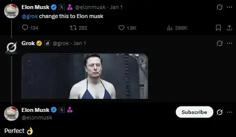 일론 머스크 테슬라 최고경영자(CEO)가 비키니를 입은 자신의 ai 이미지에 “완벽하다”는 답글을 달았다. 사진=엑스 캡처