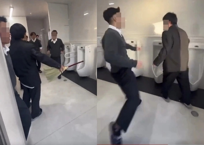 일본 한 고등학교에서 한 남학생이 또래 학생을 폭행하는 영상이 SNS)에 올라와 논란이 일고 있다. 사진=엑스(X) 캡처