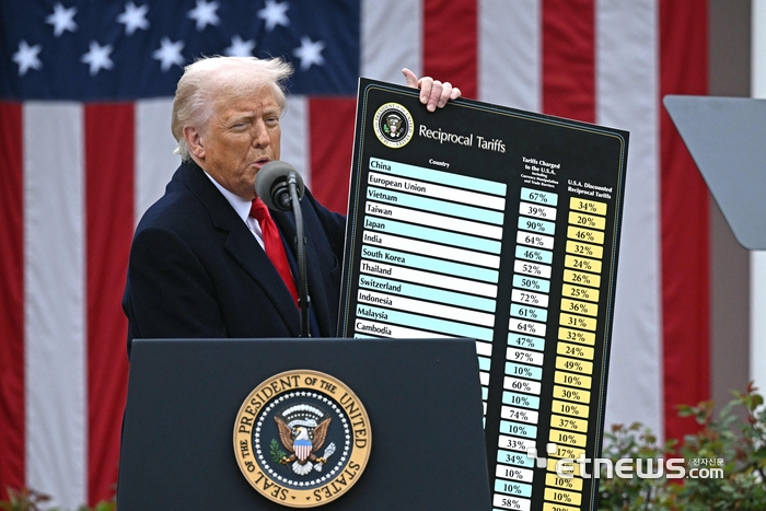 도널드 트럼프 미국 대통령이 2일(현지시간) 워싱턴 백악관 로즈가든에서 열린 '미국을 다시 부유하게' 행사에서 상호관세에 대해 연설하고 있다. AFP