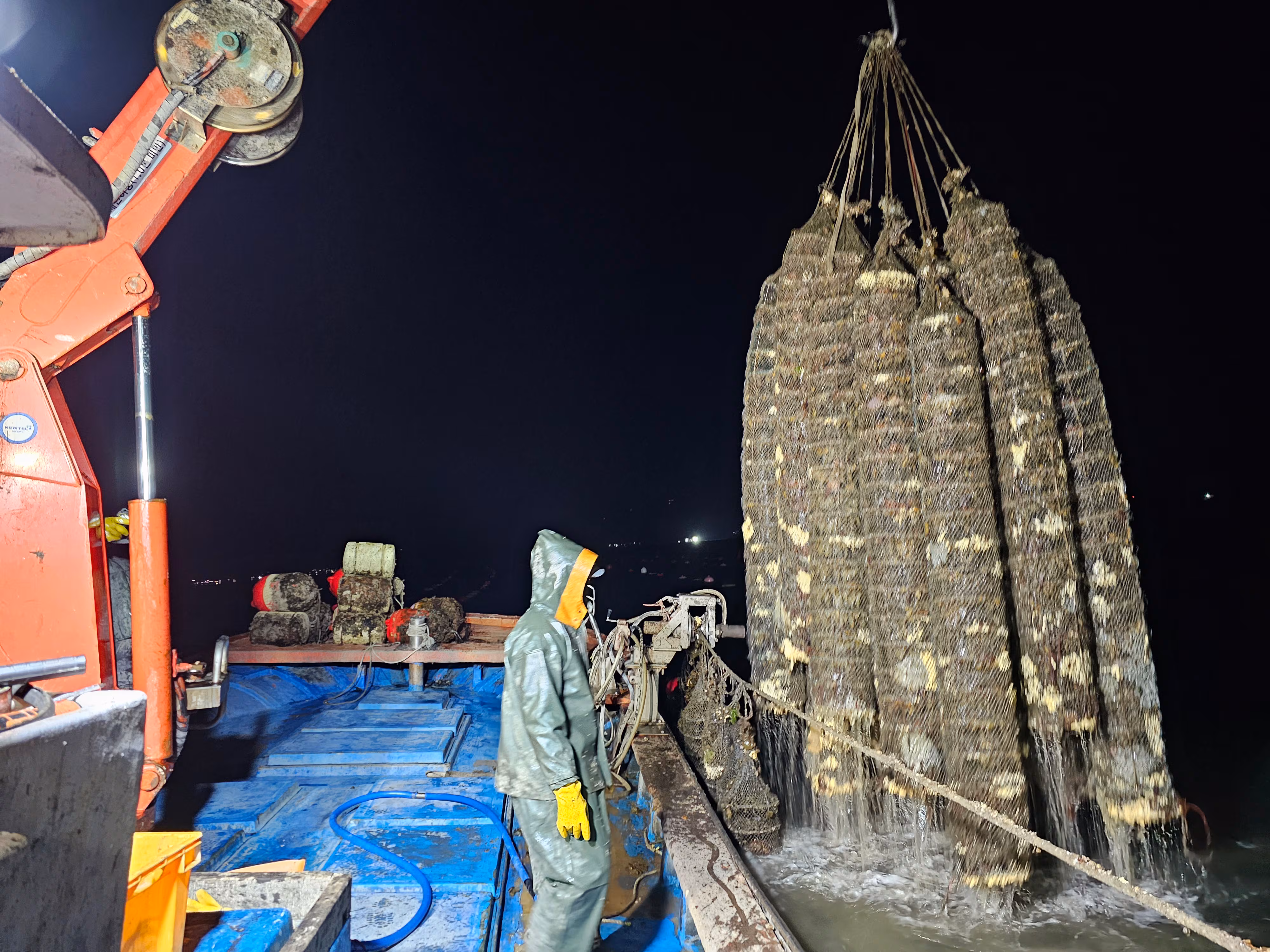 1월 29일 새벽 경남 고성군 솔섬 앞바다에서  바다 속에 있던 채롱을 건져 올리고 있다. /윤희훈 기자