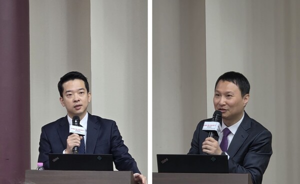 박관우 김앤장 법률사무소 변호사(왼쪽)와 김현욱 법무법인 세종 변호사가 26일 국회의원회관에서 열린 정책토론회에서 정부의 약가제도 개편안에 대한 한계점에 대해 발표하고 있다. / 김동명 기자 