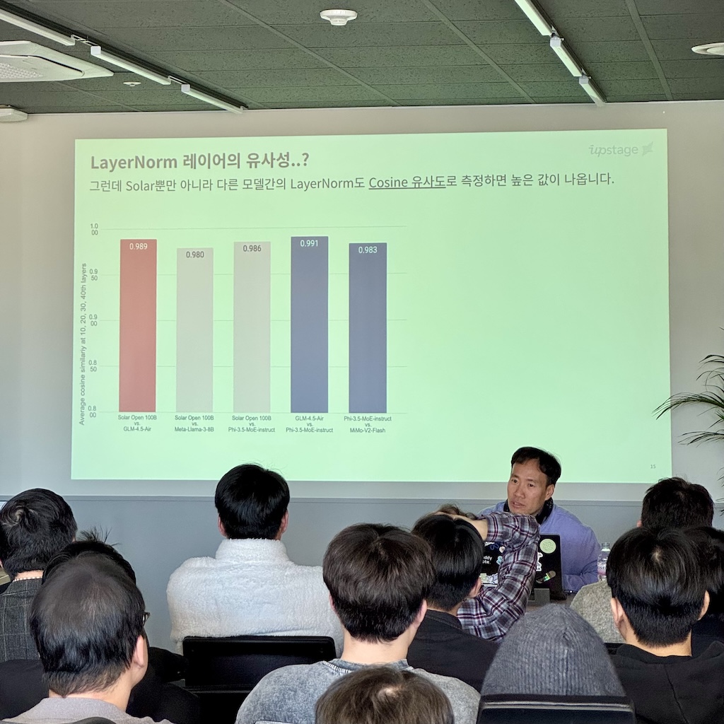 김성훈 업스테이지 대표가 2일 강남오피스에서 업계 관계자 70여명을 대상으로 현장 설명회를 진행하고 있다. / 업스테이지