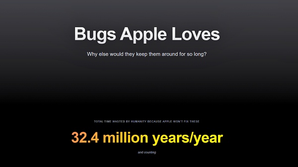 애플 사용자들이 오랫동안 제기한 문제들을 모아놓은 '벅스 애플 러브' 사이트는 단순한 불만을 넘어, 애플이 해결해야 할 중요한 과제를 시사한다. [사진: Bugs Apple Loves]