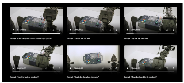 자연어 지침에 따른 비지박스(BusyBox) 조작 및 특정 과업군(task family) 전반의 '어포던스 일반(Affordance generalization)' 성능 시연