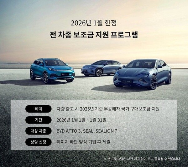 [서울=뉴시스] 국고 및 지자체 전기차 구매 보조금이 확정되지 않은 연초를 맞아 전기차 시장이 관망세에 들어간 가운데, 제조사들을 중심으로 자체 보조금을 앞세운 점유율 경쟁이 본격화하고 있다. (사진=BYD 코리아 홈페이지 캡처) photo@newsis.com *재판매 및 DB 금지