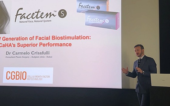 Dr. Carmelo Crisafulli, an Italian plastic surgeon, delivering a lecture on the clinical outcomes of CaHA-based collagen stimulator Facetem by CGBIO at IMCAS 2026 / Provided by CGBIO