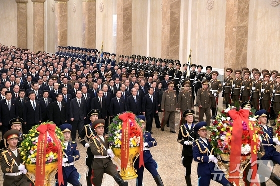 The Rodong Sinmun, the official newspaper of North Korea\'s Workers\' Party, reported on Tuesday that Party and government officials visited the Kumsusan Palace of the Sun on Monday to pay solemn tribute on the occasion of the 84th anniversary of the birth of the great leader Comrade Kim Jong Il / Rodong Sinmun