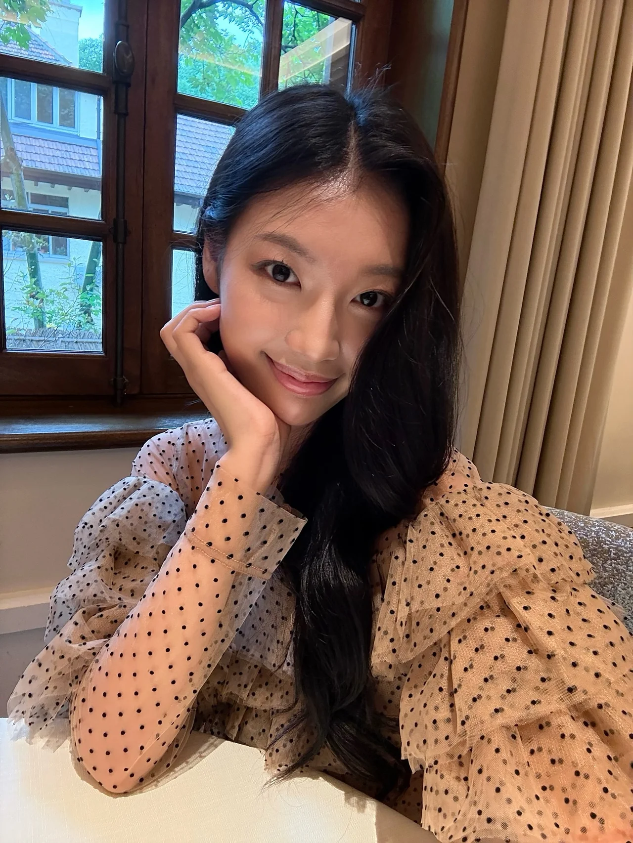 &nbsp;     Sheer Perfection, Dotted Delight | A Close-Up That Screams Elegance, Featuring Intricate Embroidery on That To-Die-For Top / Photo: Park Seo-bin\'s Instagram