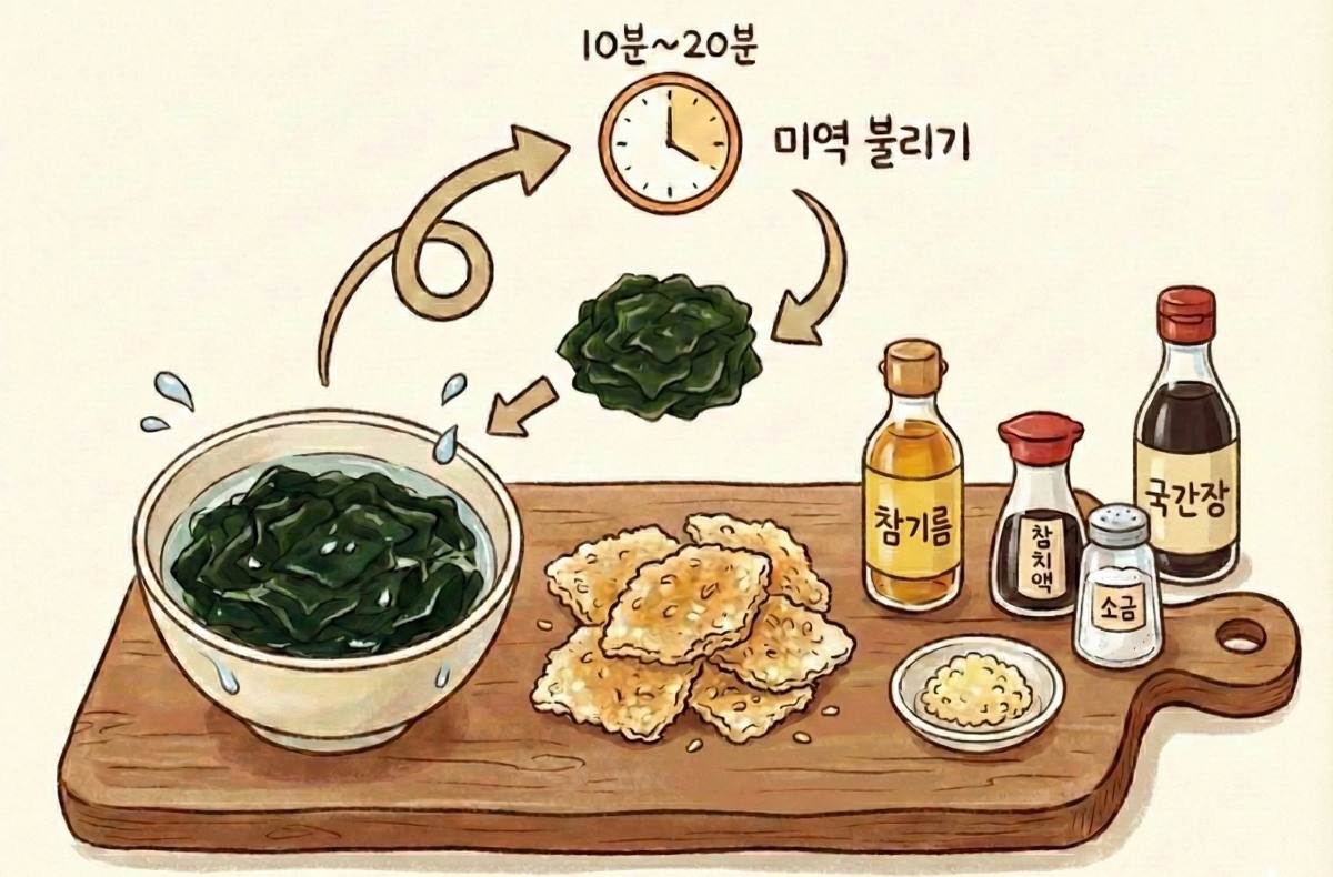 &nbsp;    This AI-generated illustration shows the key ingredients: seaweed (soaked for 10-20 minutes), nurungji, sesame oil, tuna sauce, soup soy sauce, salt, and minced garlic.