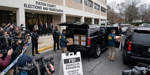 트럼프 미국 대통령의 '부정선거 변호사'인 커트 올슨이 미 연방수사국(FBI)의 조지아주 풀턴 카운티 선거 관리 사무소 압수수색을 지시한 것으로 드러났다. 사진은 이해를 돕기 위해 AI로 생성한 그림을 재편집한 것.