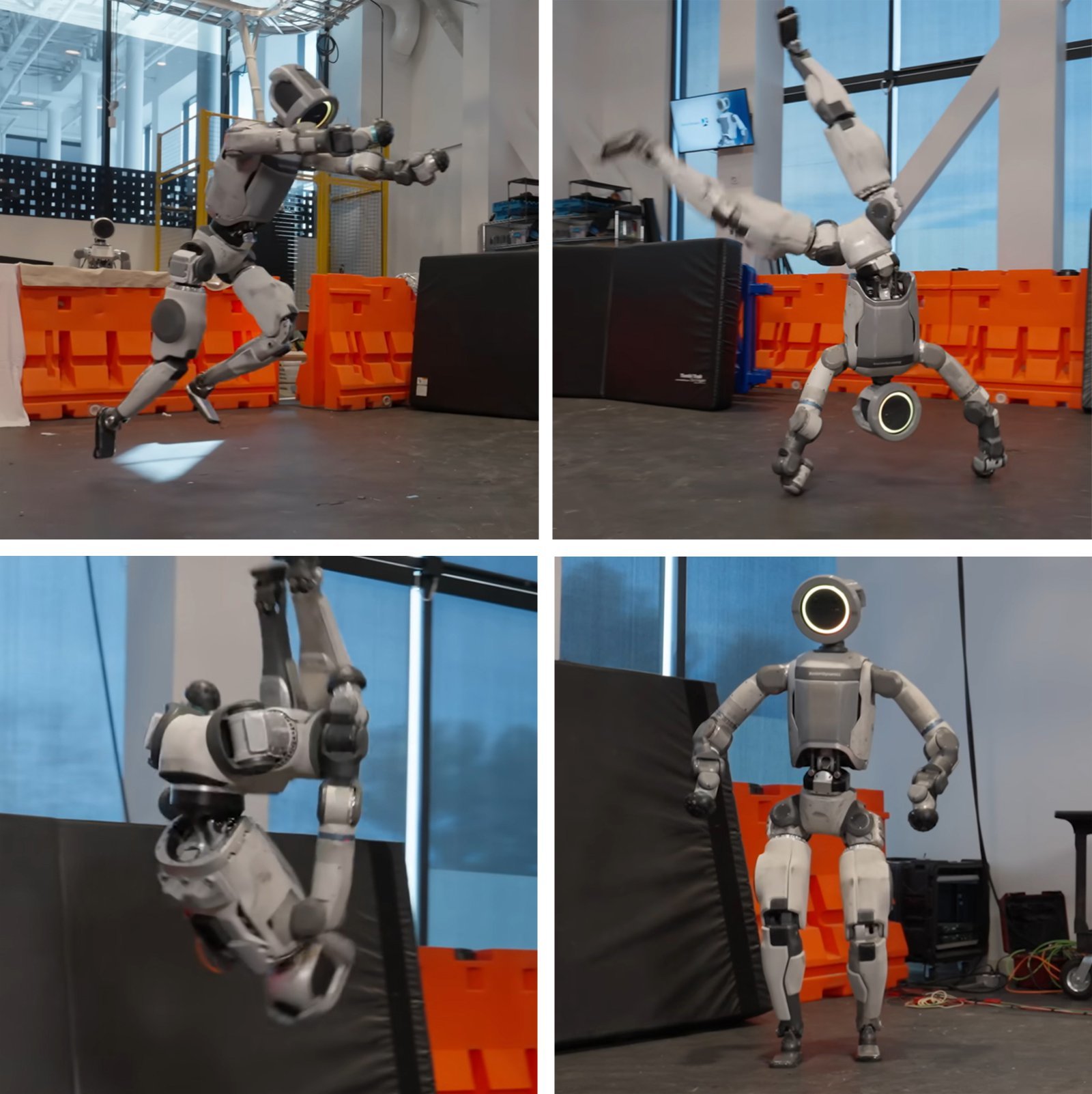 7일 공개된 영상에서 보스턴 다이내믹스의 휴머노이드 로봇 아틀라스가 옆돌기, 백텀블링 등을 하고 있다. 스스로 도움닫기를 한 후(왼쪽 위 사진) 두 손을 사용해 옆돌기를 성공시키거나(오른쪽 위 사진), 공중 백텀블링을 성공한 뒤(왼쪽 아래 사진) 안정적으로 착지하는 모습(오른쪽 아래 사진) 등이 공개됐다. 보스턴 다이내믹스 제공