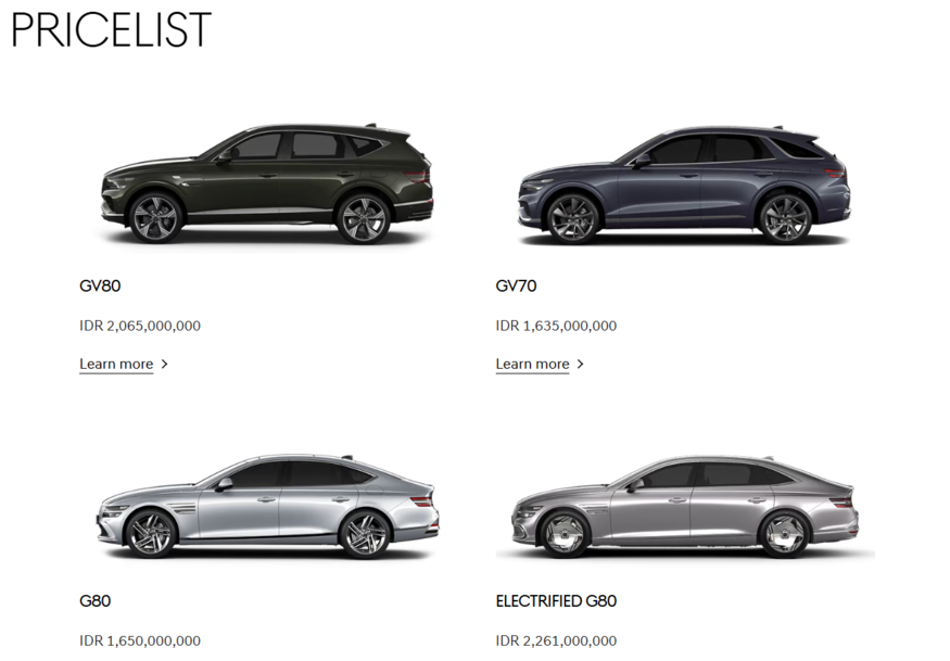 제네시스가 인도네시아에서 세단과 SUV 등 4개 차종의 현지 판매 가격을 공개했다. (사진=제네시스 인도네시아 판매법인)