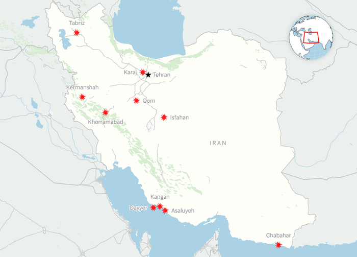 28일(현지시간) 미국과 이스라엘이 공습한 이란 내 군사기지 위치. ⓒAP홈페이지 캡처