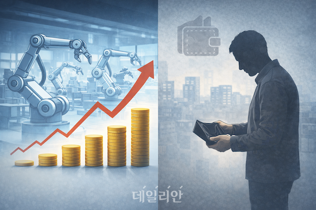 자동화로 수익이 확대되는 기업 부문과 일자리를 잃은 노동자의 현실을 대비해, 기술 진보가 초래한 소득 격차 확대를 상징적으로 담은 이미지. ⓒ챗지피티