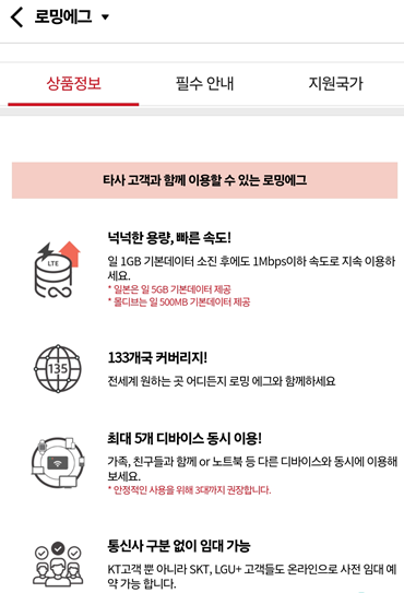 KT 로밍 에그 안내 홈페이지 캡처